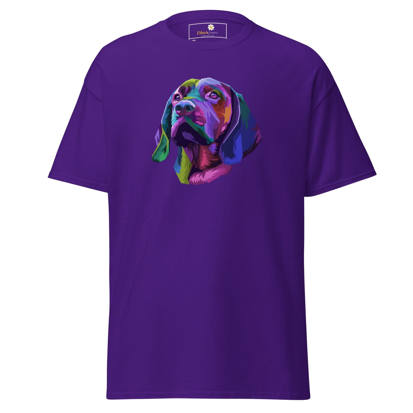 Purple T-shirt with colorful dog portrait for men and women in sizes 2XL to 5XL