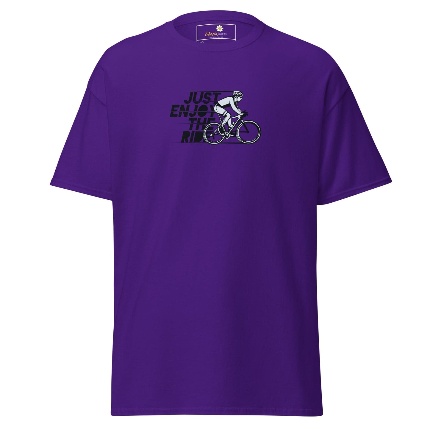 Purple T-shirt with cyclist graphic in men’s and women’s oversized design for sizes 2XL to 5XL