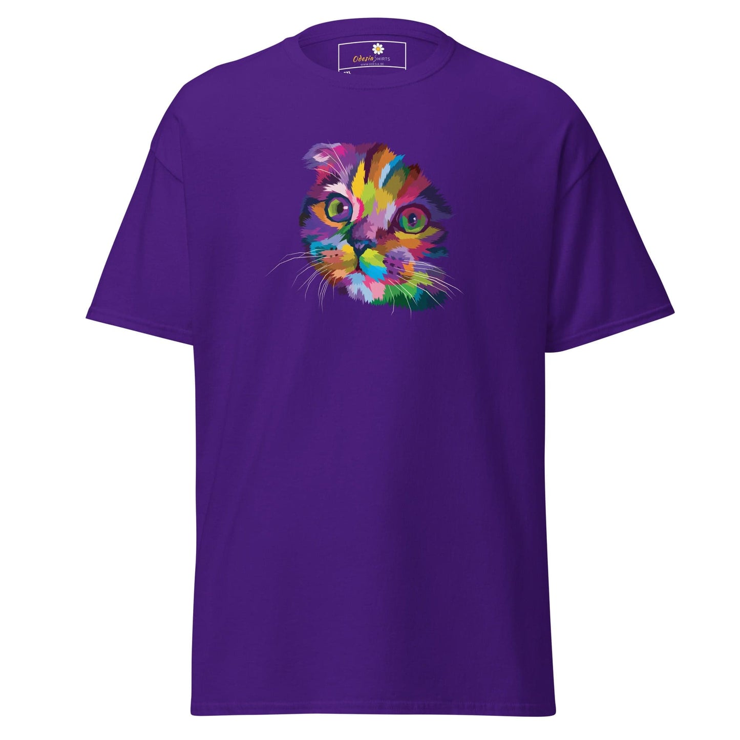 Purple T-shirt with colorful cat graphic for Men and Women, available in 2XL to 5XL sizes