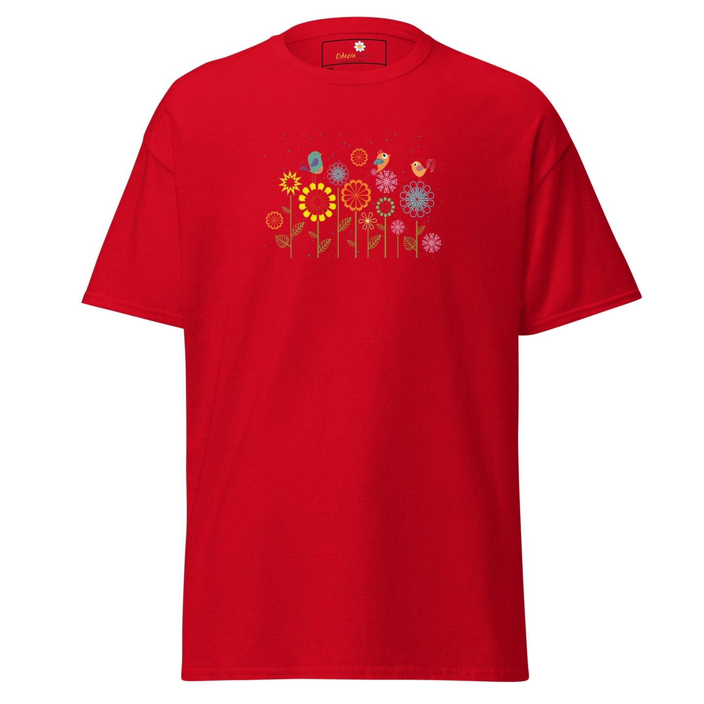 Red t-shirt with floral and bird design.