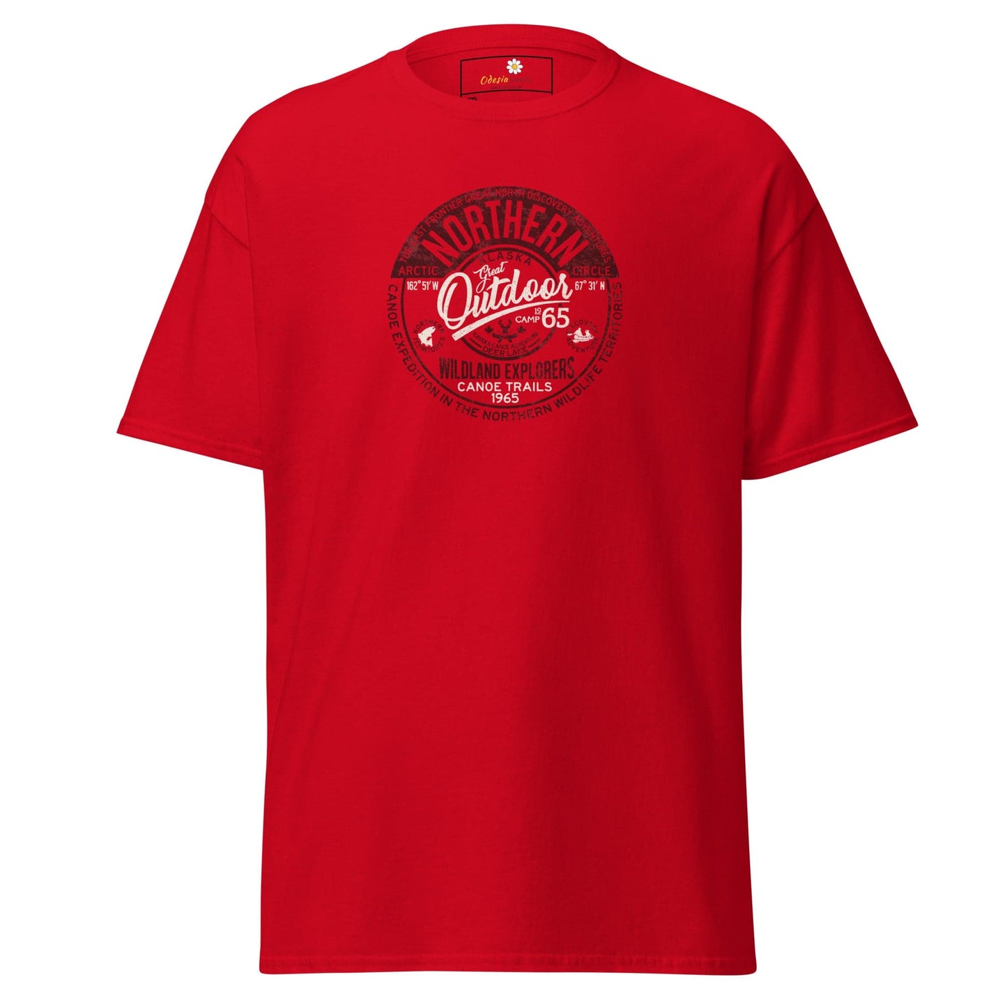 Red graphic tee.