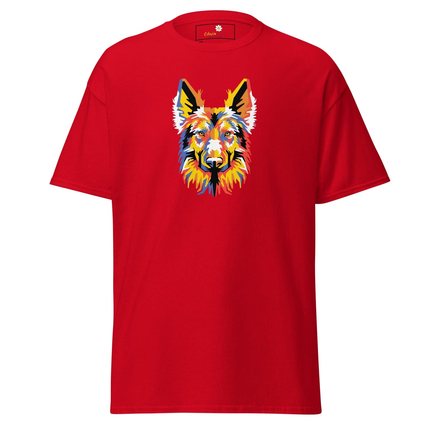 Red T-shirt with vibrant dog graphic for Men and Women in sizes 2XL to 5XL