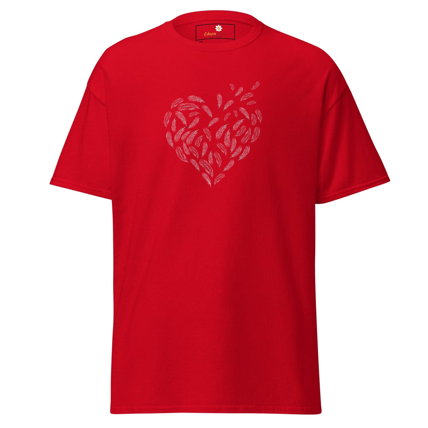 Red T-shirt with feather heart design for men and women in size 2XL to 5XL