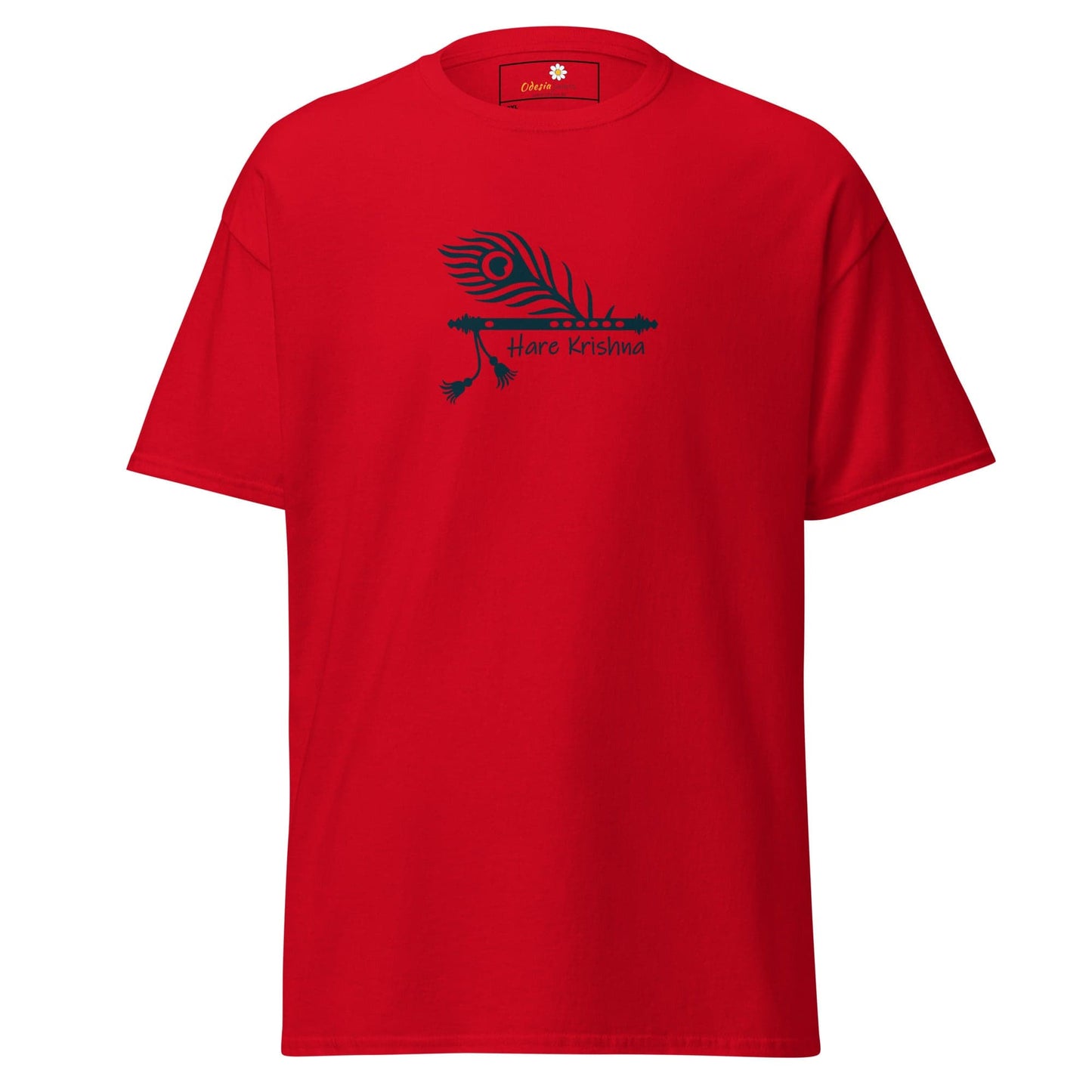 Red T-shirt featuring flute and feather design for Men and Women, available in 2XL to 5XL