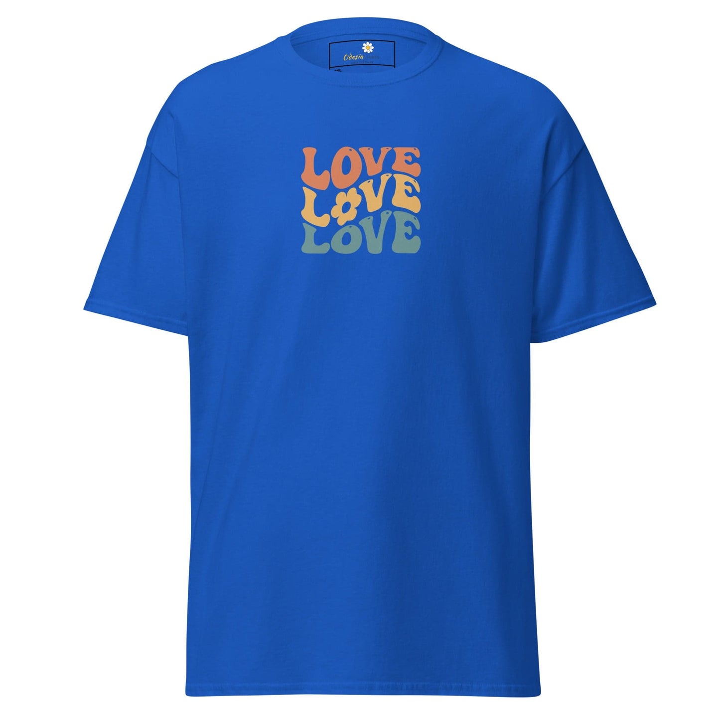Blue t-shirt with ’Love’ graphic.