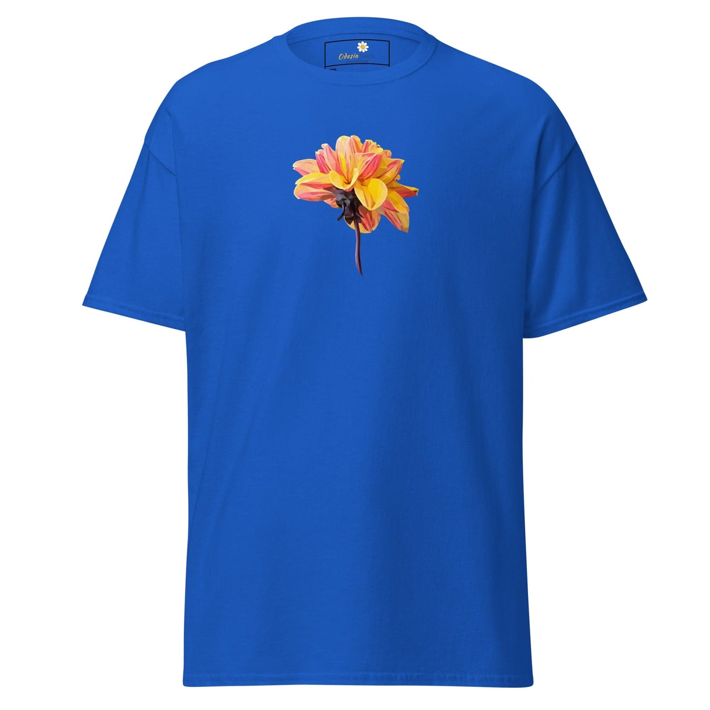 Blue t-shirt with flower graphic.