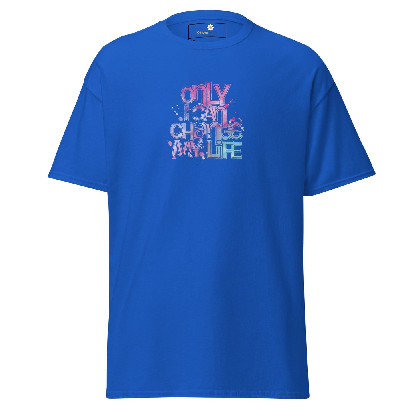 Blue T-shirt with colorful text design for Men and Women in sizes 2XL to 5XL
