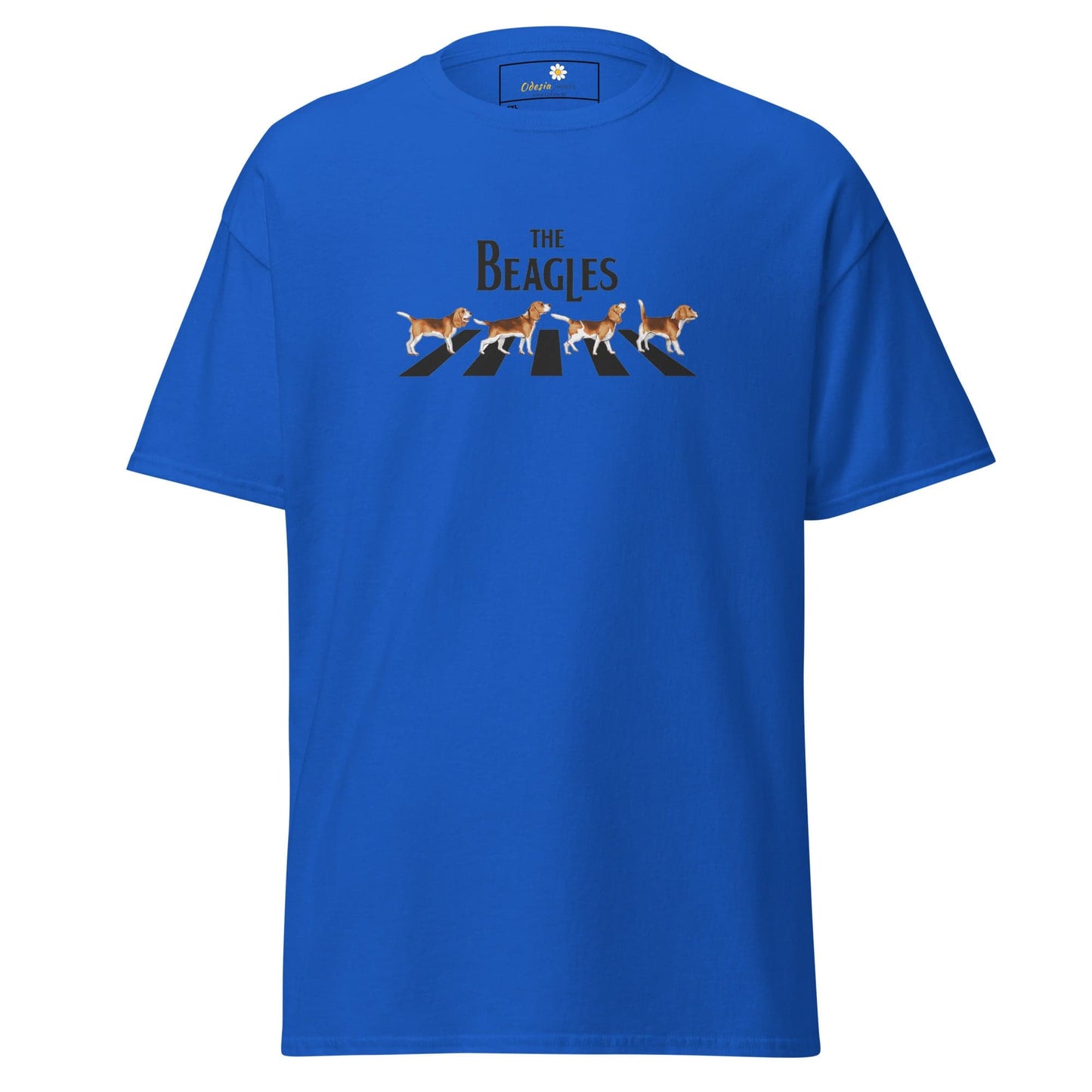 Blue t-shirt with ’The Beagles’ graphic.