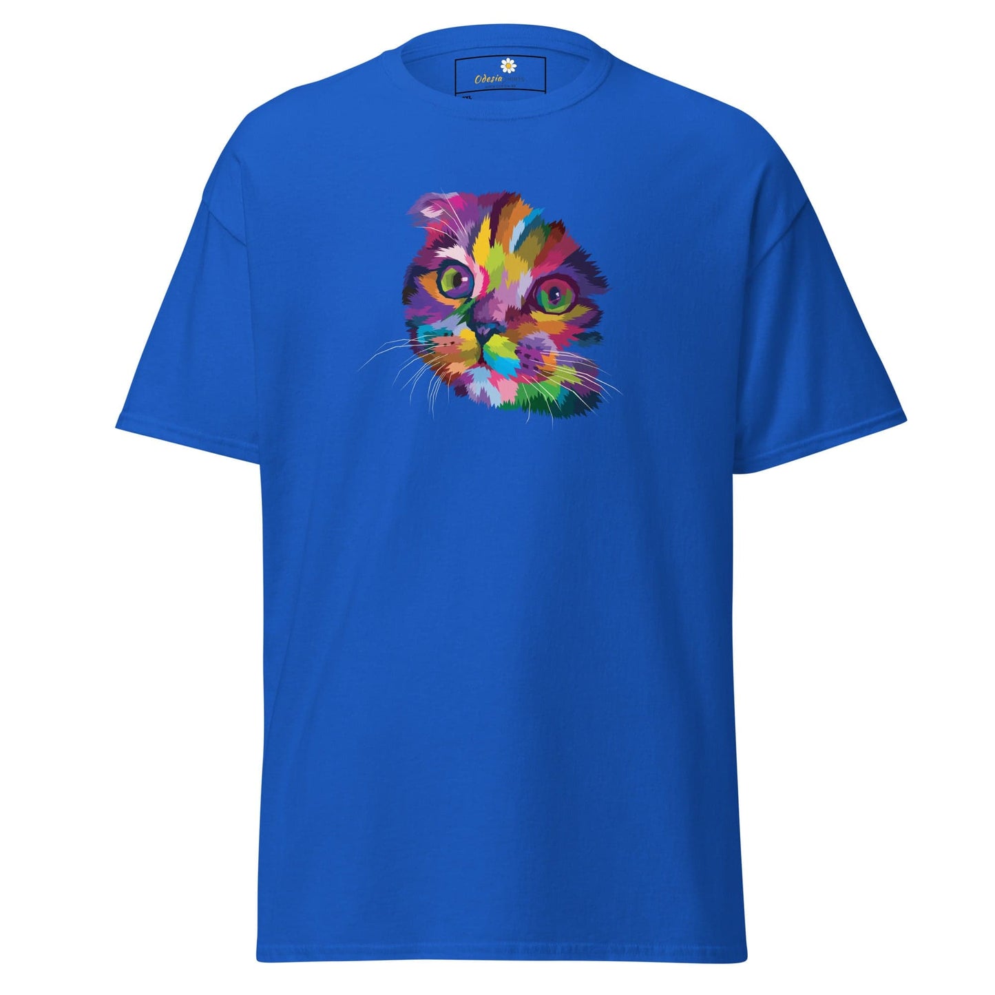 Blue t-shirt with colorful cat graphic from T-SHIRT DESIGN TEE for Men and Women