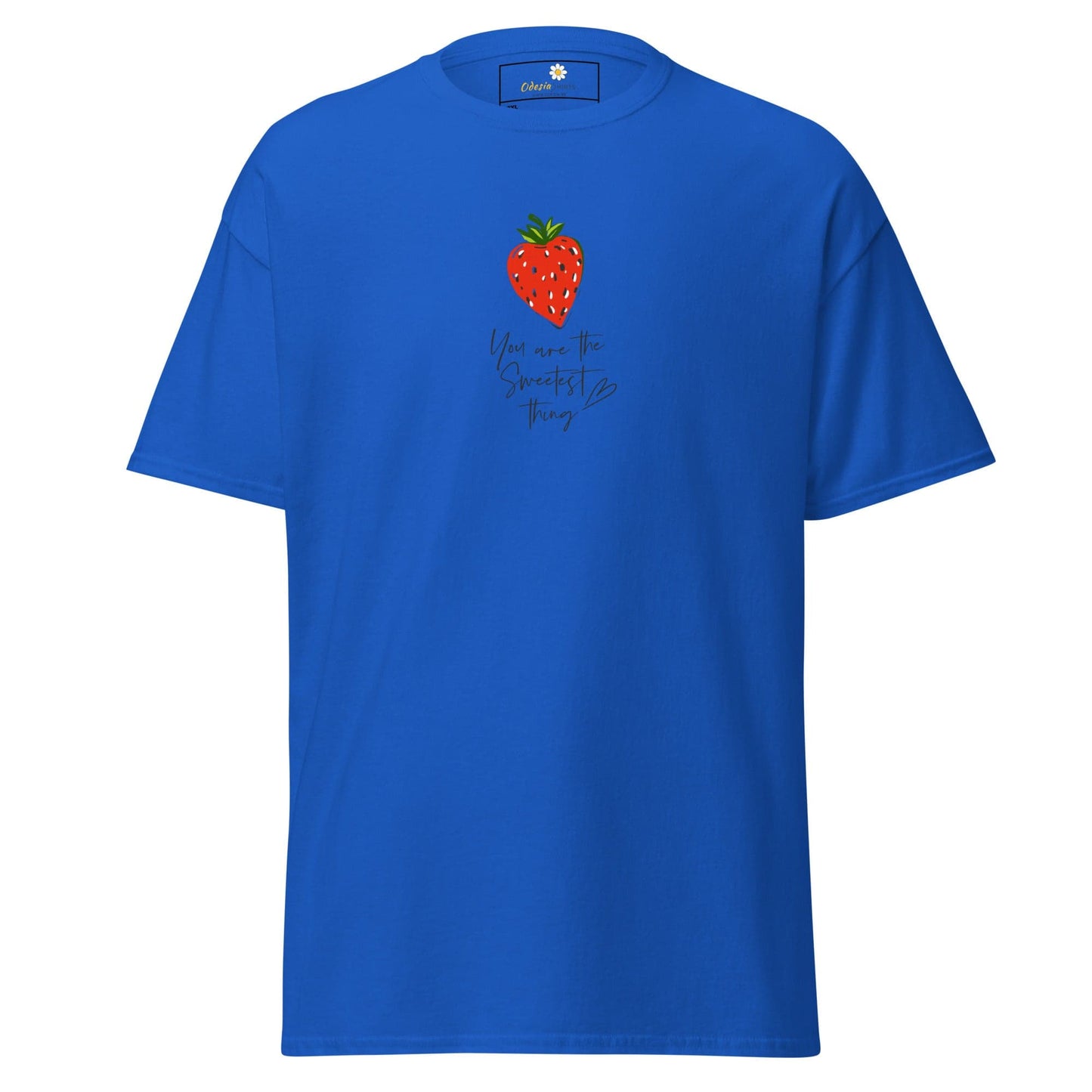 Blue t-shirt with strawberry design.