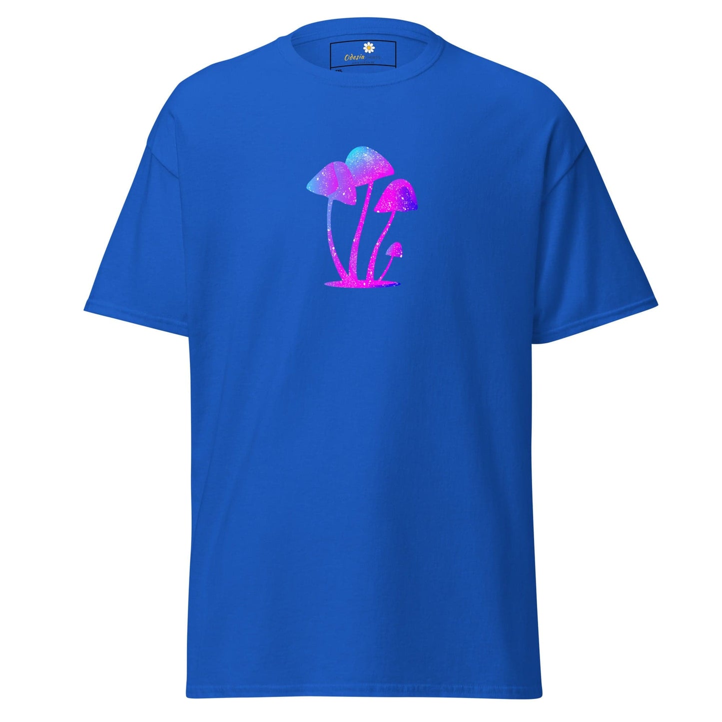 Blue t-shirt with mushroom design.