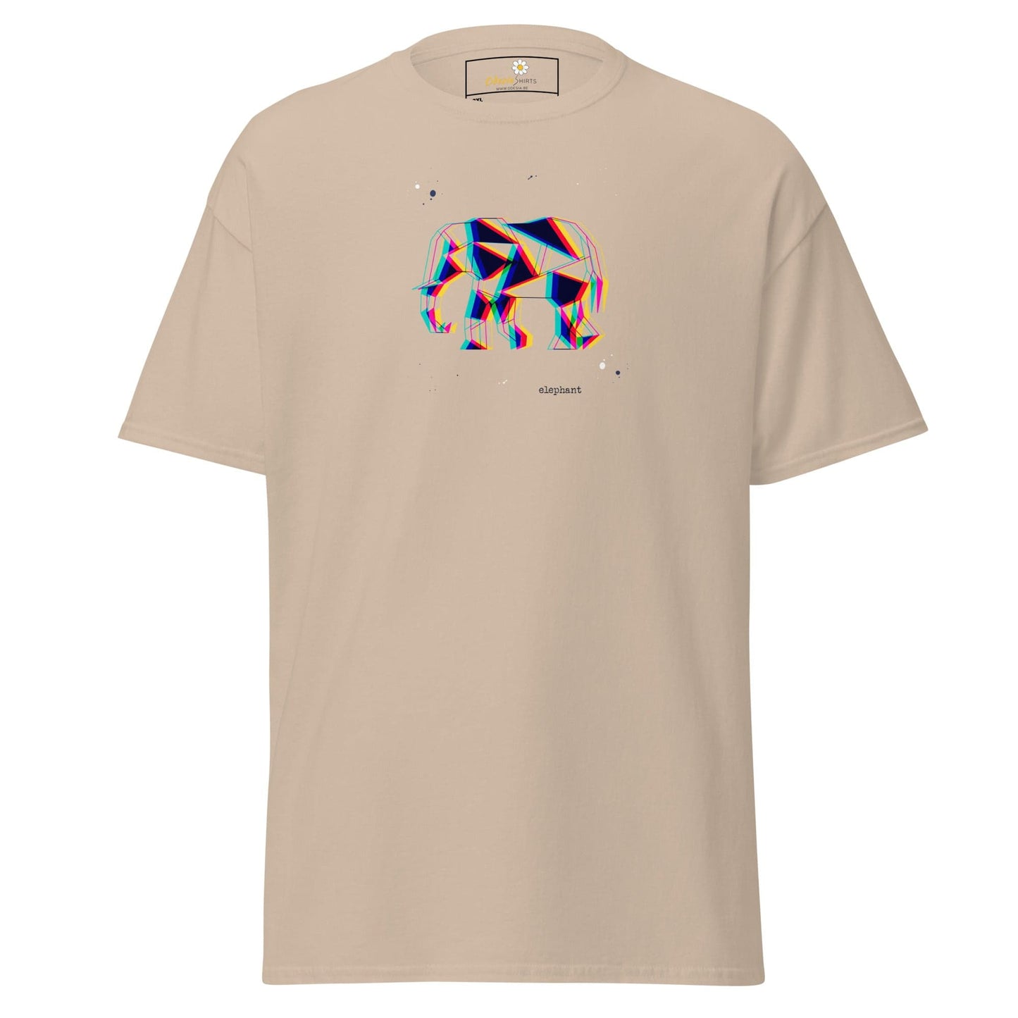 Beige t-shirt with geometric elephant design.