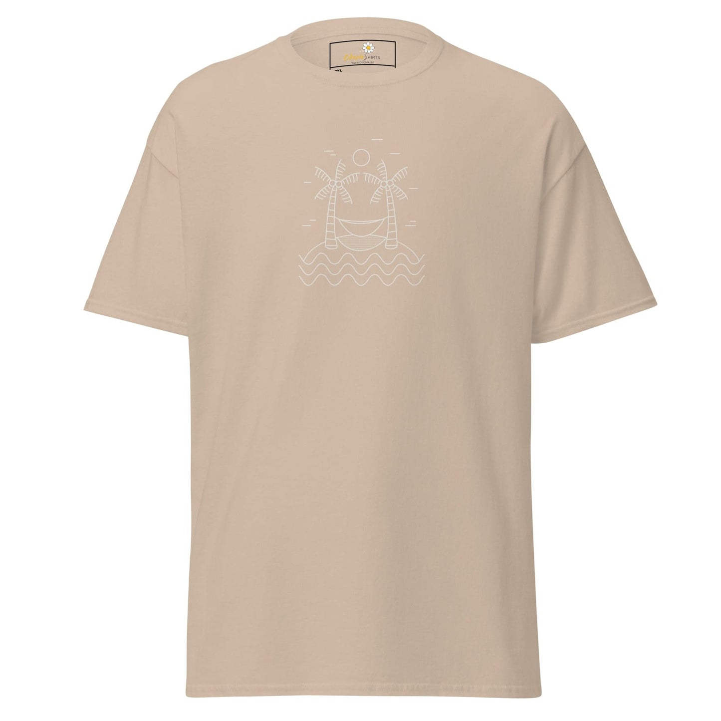 Beige T-shirt with beach scene design for men and women in 2XL to 5XL sizes