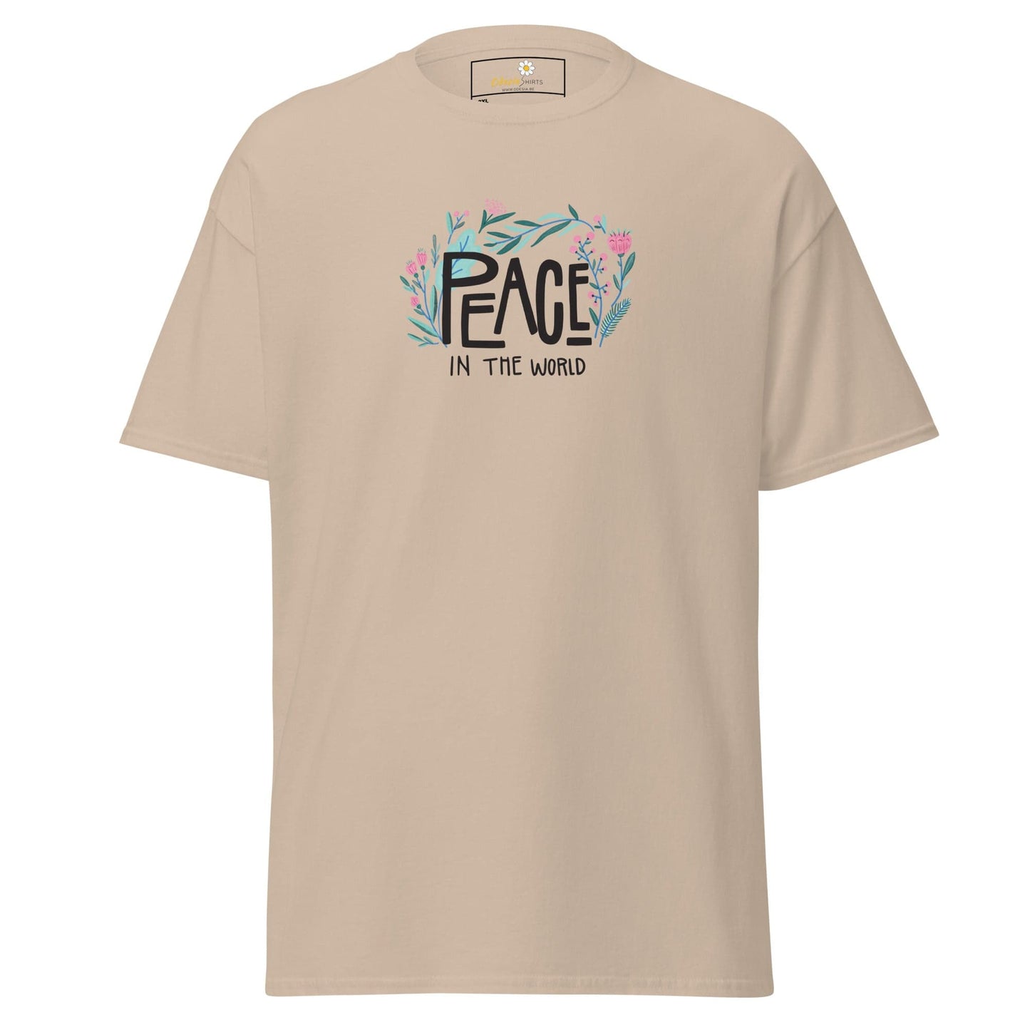 Beige T-shirt featuring Peace in the World floral design for men and women sizes 2XL to 5XL