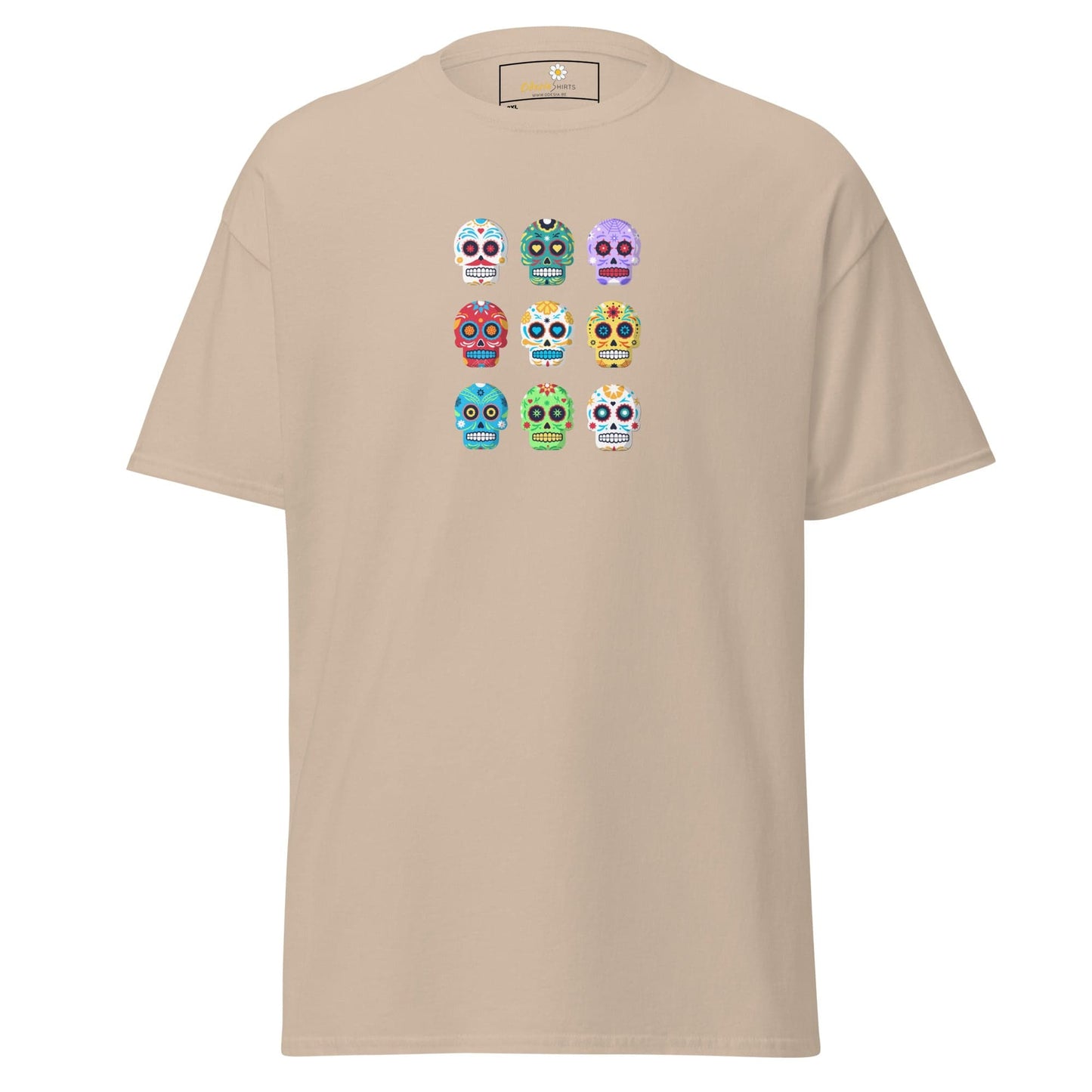 Beige T-shirt with colorful sugar skull design, suitable for Men and Women in 2XL to 5XL