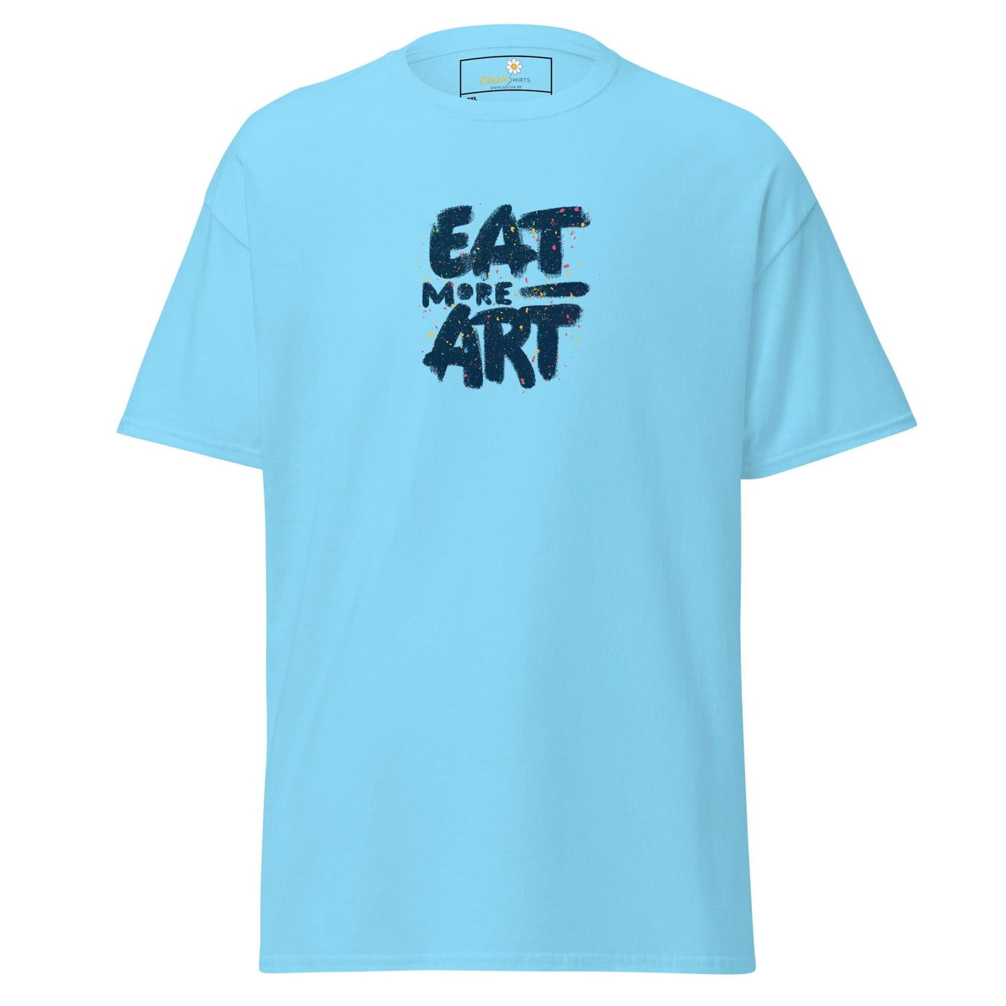 Light blue T-shirt with Eat More Art text for men and women in 2XL to 5XL sizes