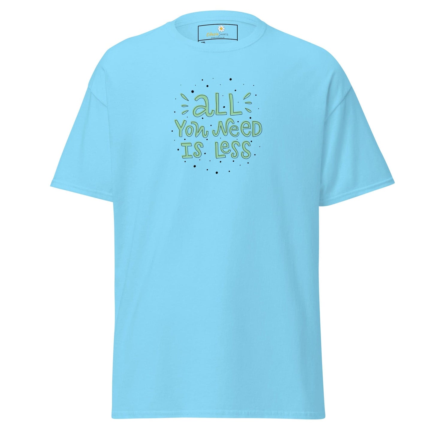 Light blue men’s and women’s T-shirt with green lettering from T-SHIRT DESIGN TEE collection