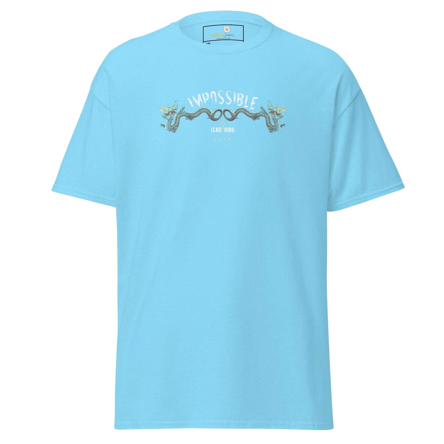Light blue t-shirt with dragon design.