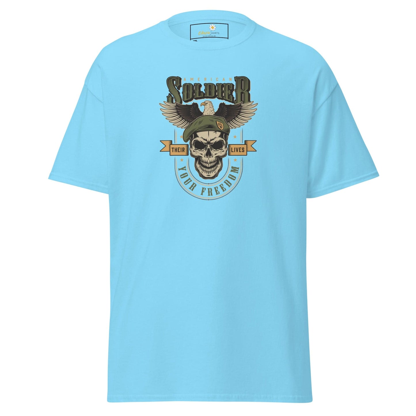 Light blue t-shirt with skull graphic from T-SHIRT DESIGN TEE for Men and Women sizes 2XL to 5XL