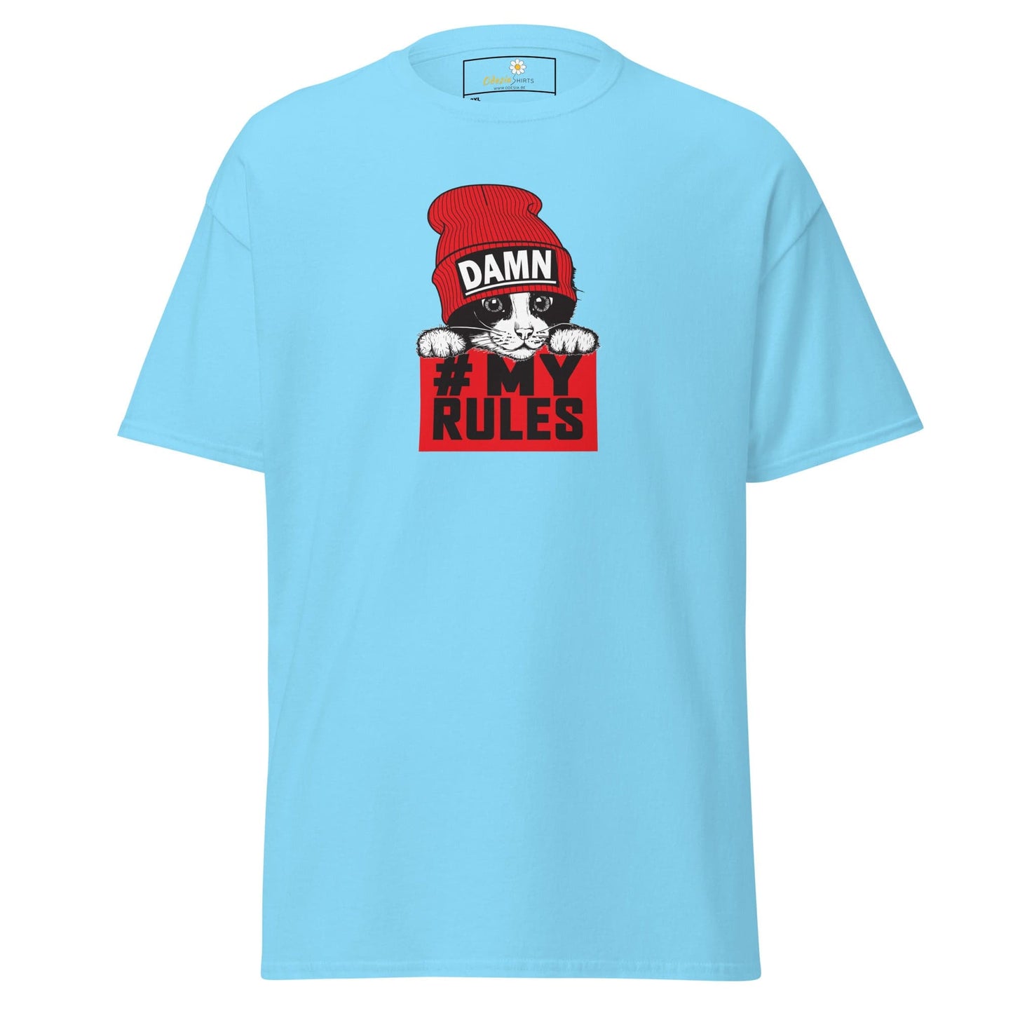 Light blue t-shirt with cat graphic.