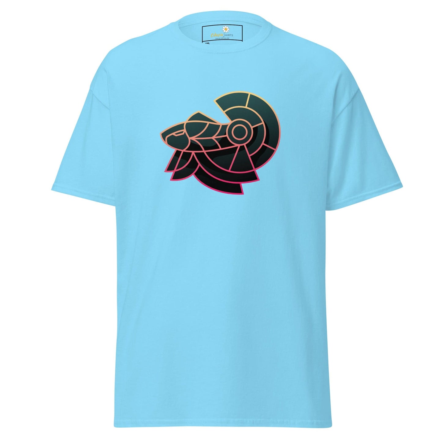 Light blue T-shirt featuring a stylized Ram head design for men and women in sizes 2XL to 5XL