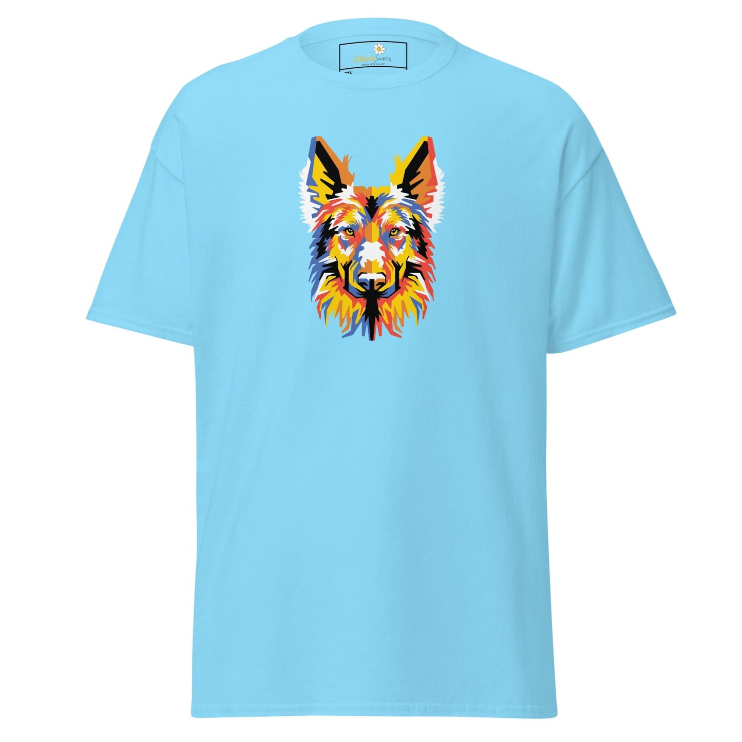Light blue T-shirt with colorful dog graphic for men and women in 2XL to 5XL sizes