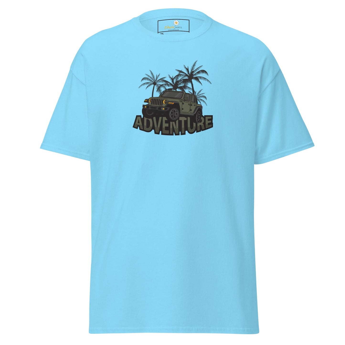 Light blue t-shirt featuring adventure graphic for Men and Women in sizes 2XL to 5XL