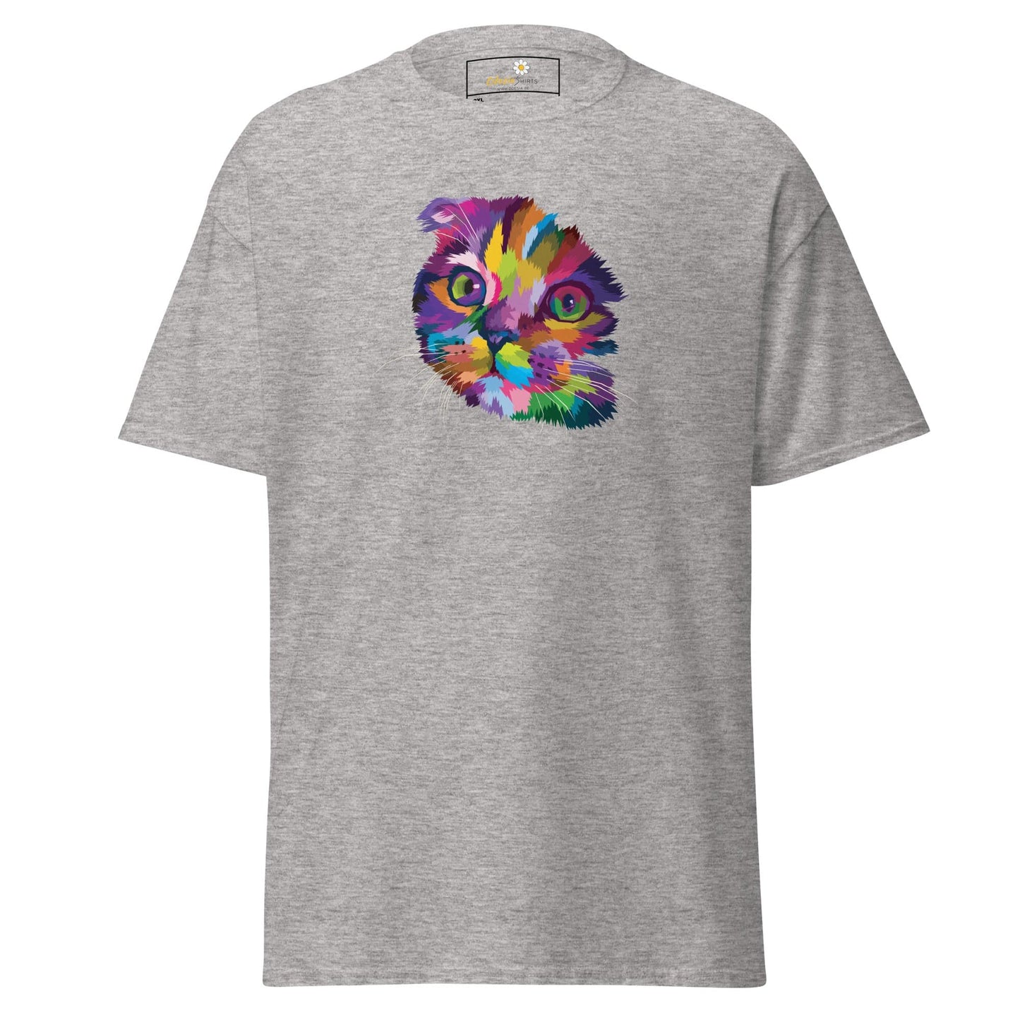 Gray T-shirt with colorful cat graphic for men and women in sizes 2XL to 5XL