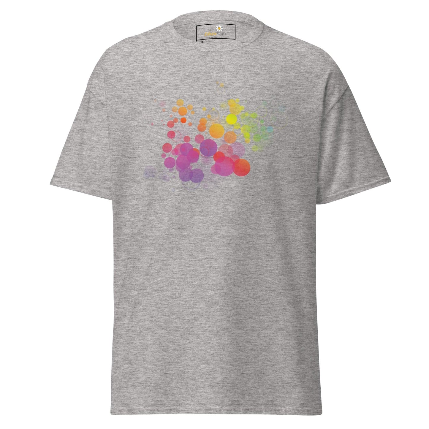Gray T-shirt with colorful bubble design for men and women in sizes 2XL to 5XL