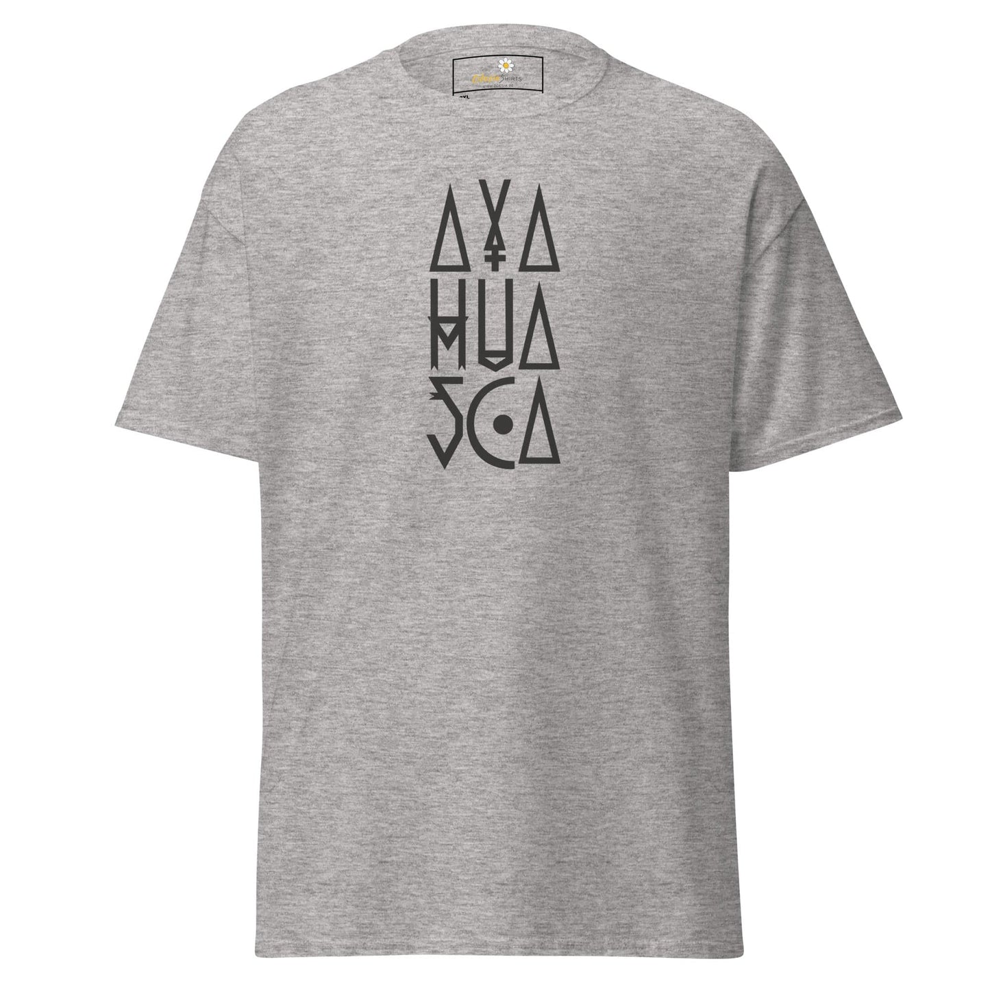 Gray t-shirt with black lettering.
