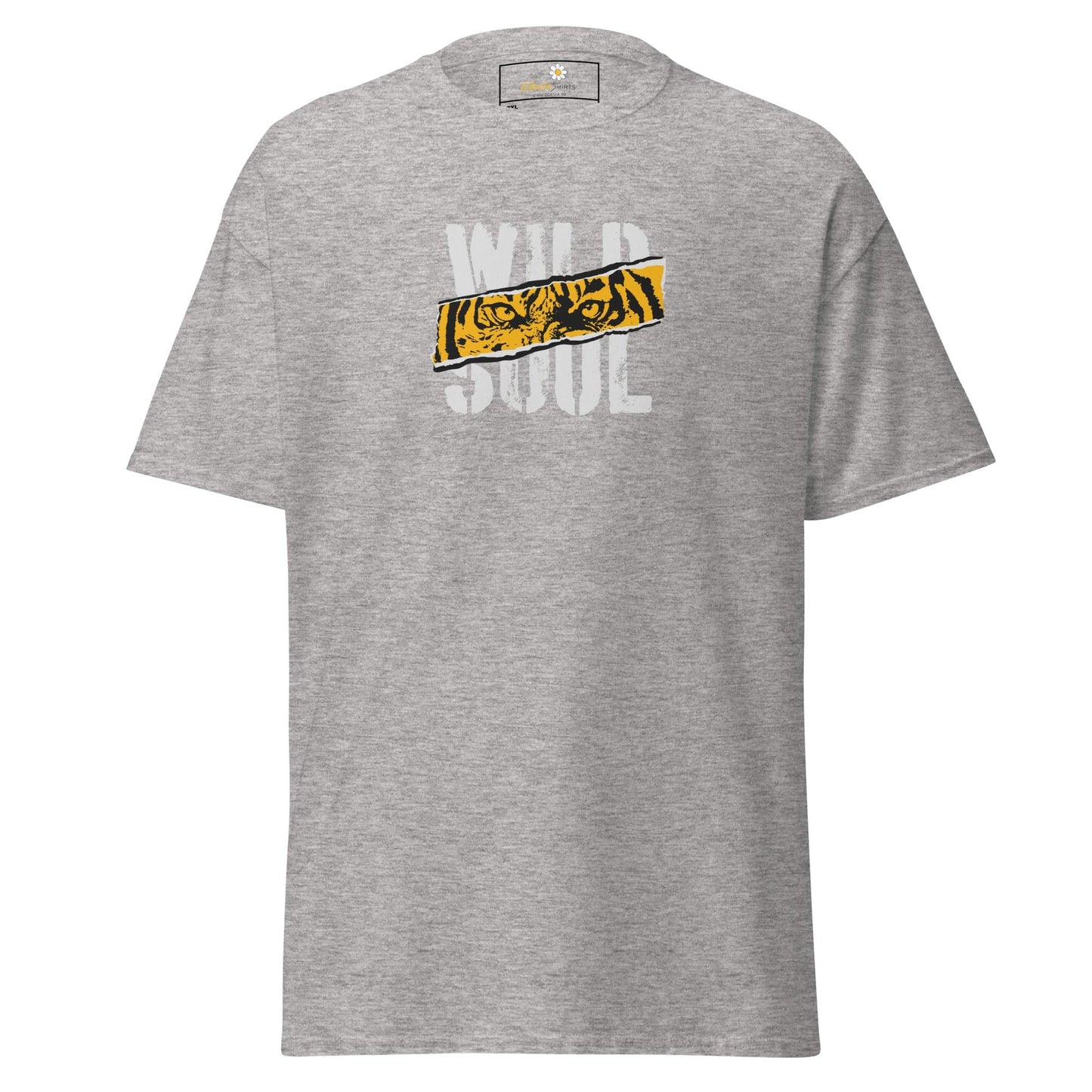 Gray t-shirt with tiger graphic.