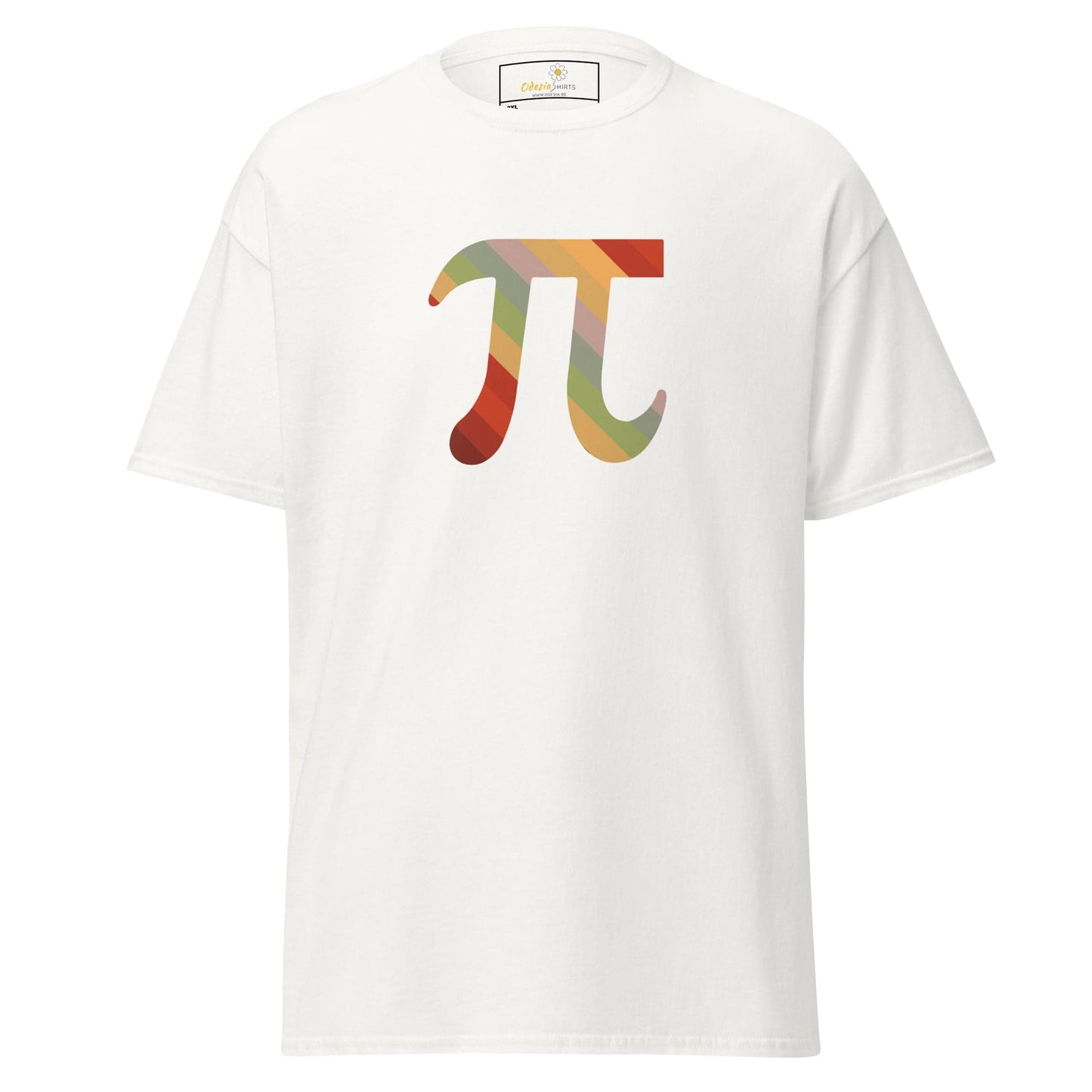 White t-shirt with colorful Pi symbol for Men and Women in 2XL to 5XL sizes