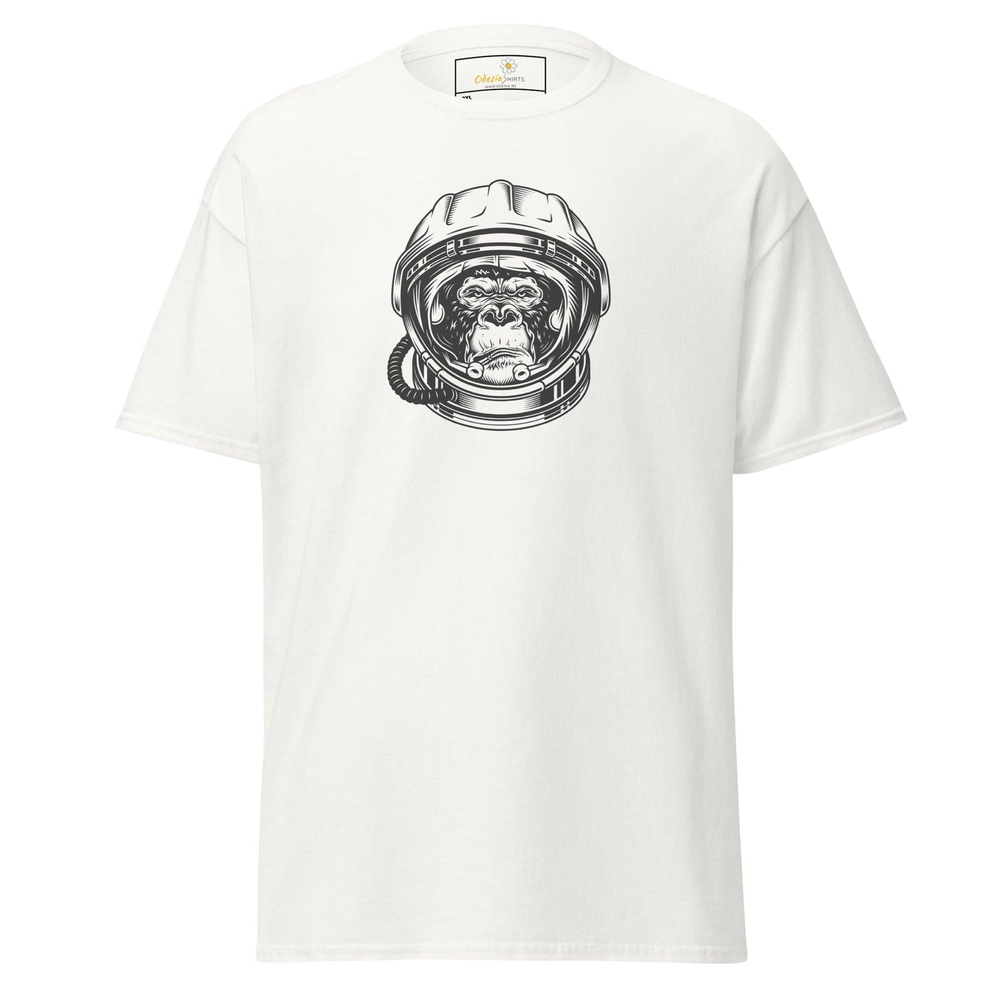 White T-shirt with astronaut monkey graphic for men and women in 2XL to 5XL sizes