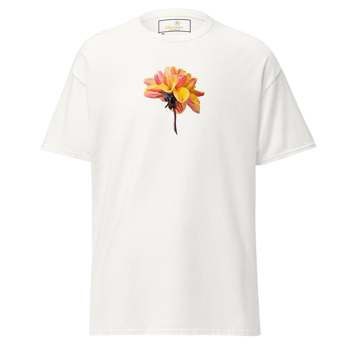 White t-shirt with flower graphic.