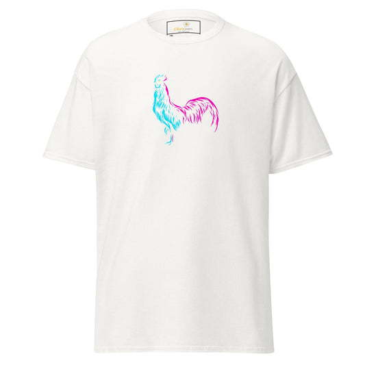 White T-shirt with a colorful rooster design for men and women in 2XL to 5XL sizes