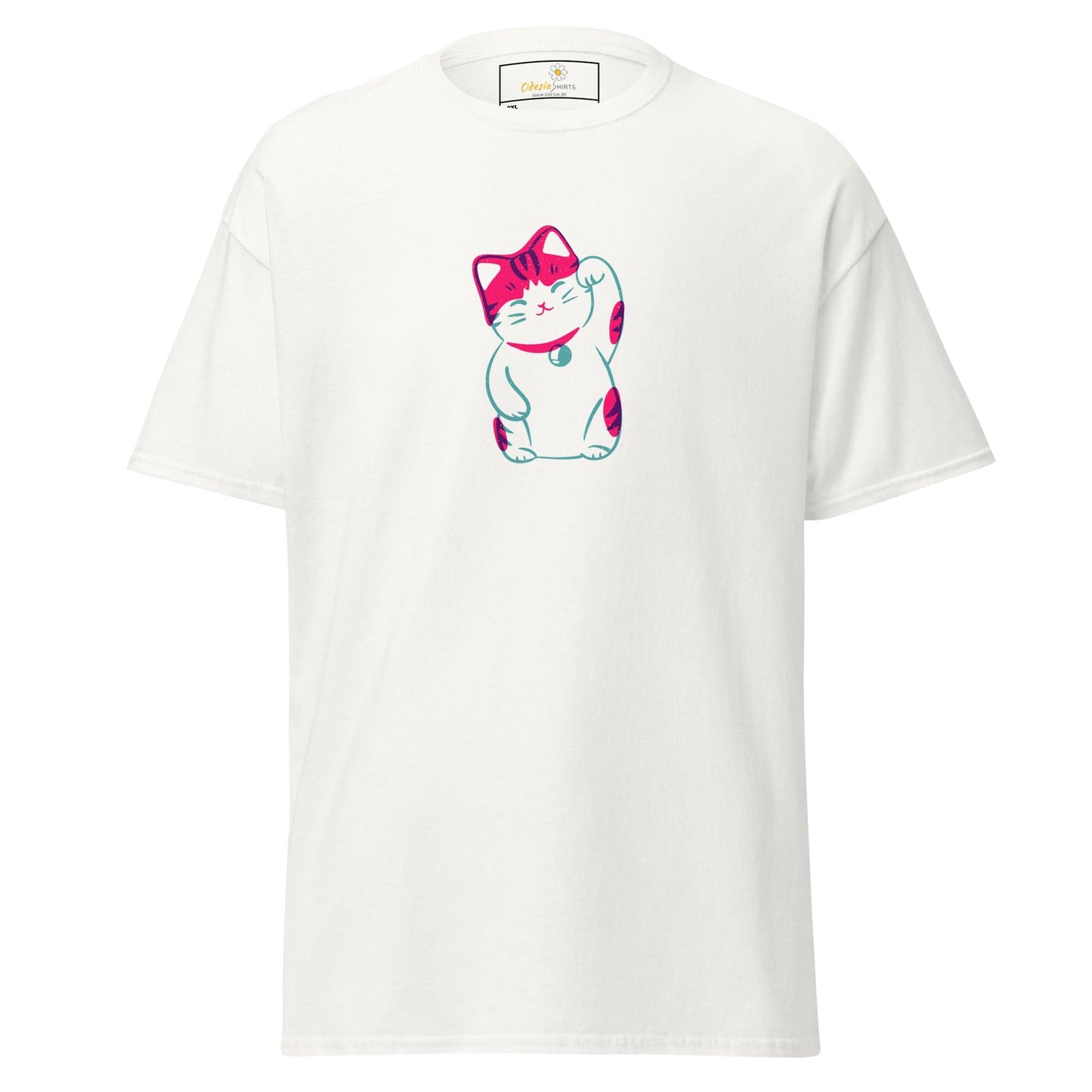 White T-shirt with pink and teal cat graphic for men and women in 2XL to 5XL sizes