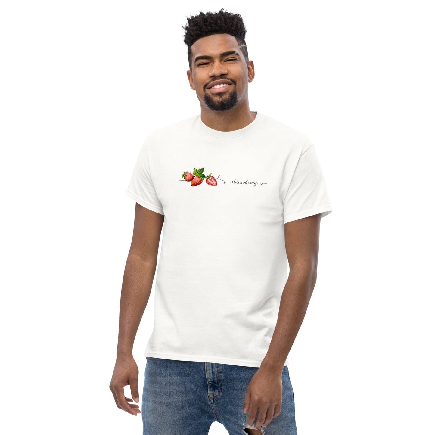 Man wearing a white t-shirt.